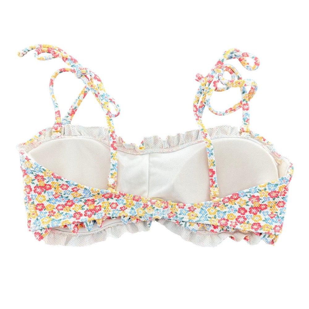 Hollister Floral Smocked Ruffle Bikini Top S Multi-Color Tie Strap Swim Beach - Picture 2 of 7